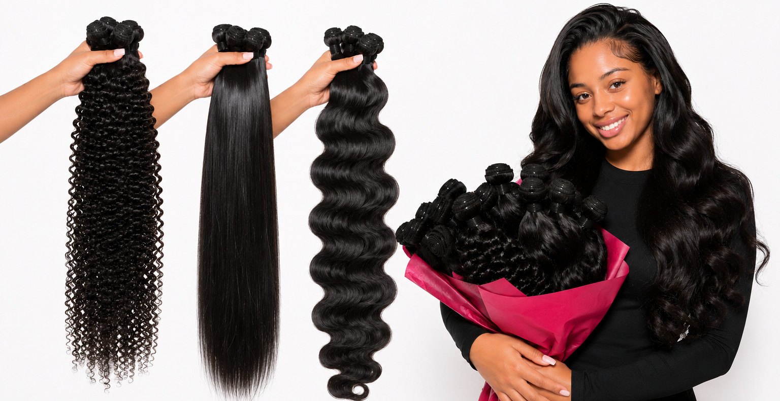 Woman holding hair extensions with a white background