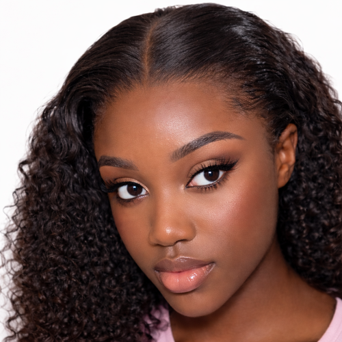 Model wearing curly lace frontal 