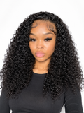 Model wearing burmese curly lace frontal 