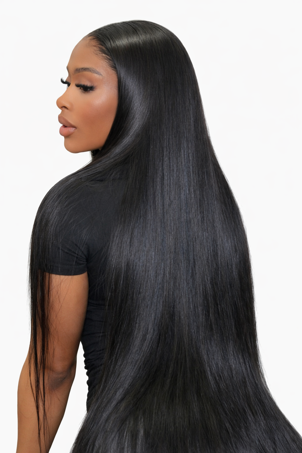 Woman with long, raw indian hair straight black 