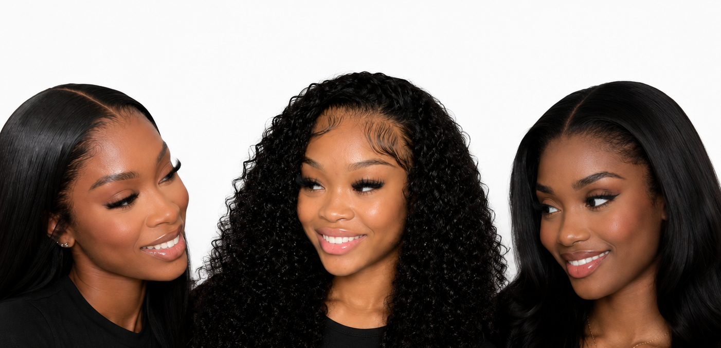 Three women with long, black hair wearing black outfits against a white background