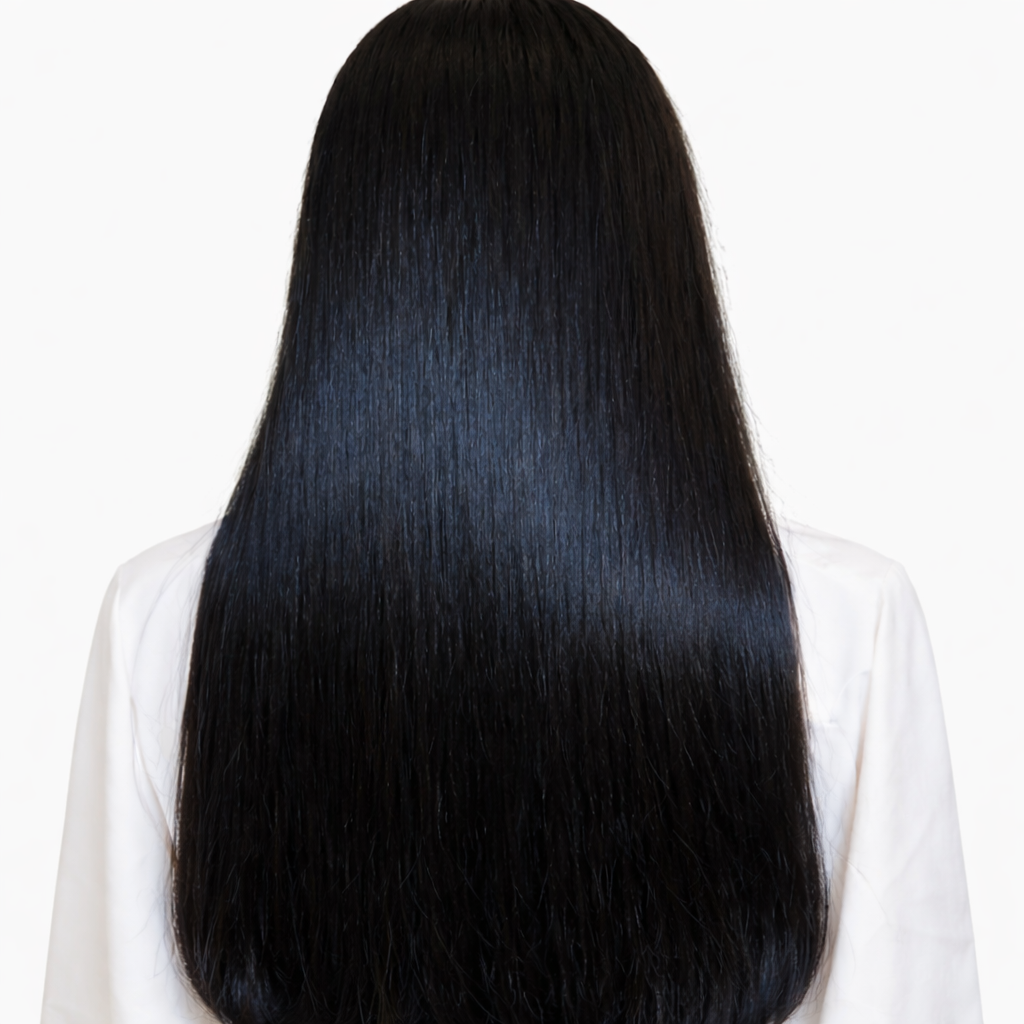 Person with long, straight black Indian hair extensions